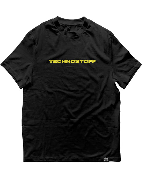 "NYS" oversized T-Shirt Mockup in schwarz mit neongelbem Technostoff Raver Schriftzug auf der Brust